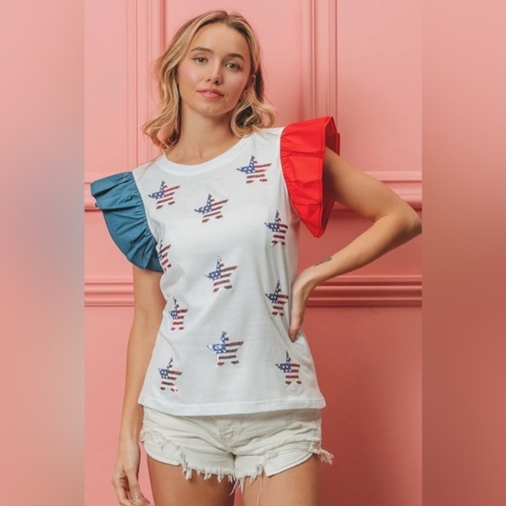 BiBi American Flag Sequin Stars Top